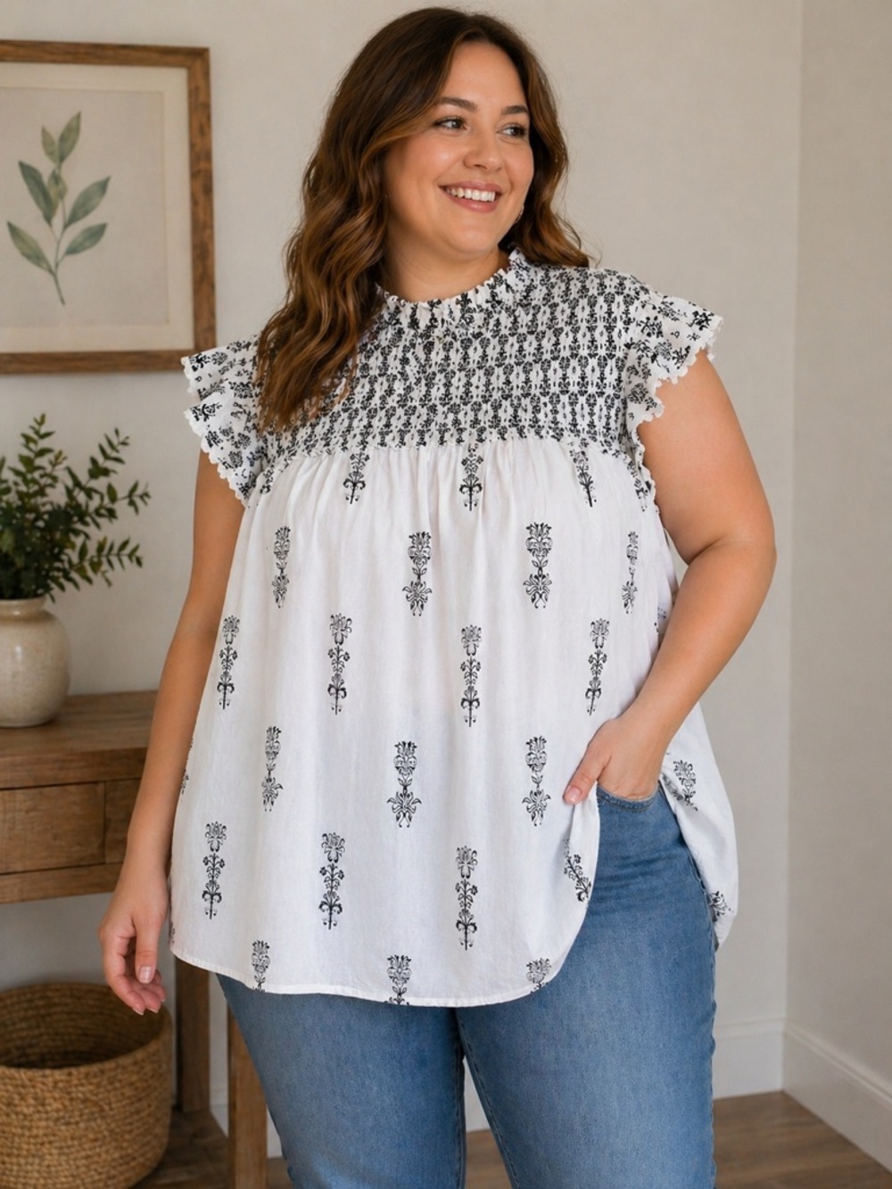 Lane Bryant- Boho Smocked Embroidered Floral Peasant White/Black Blouse